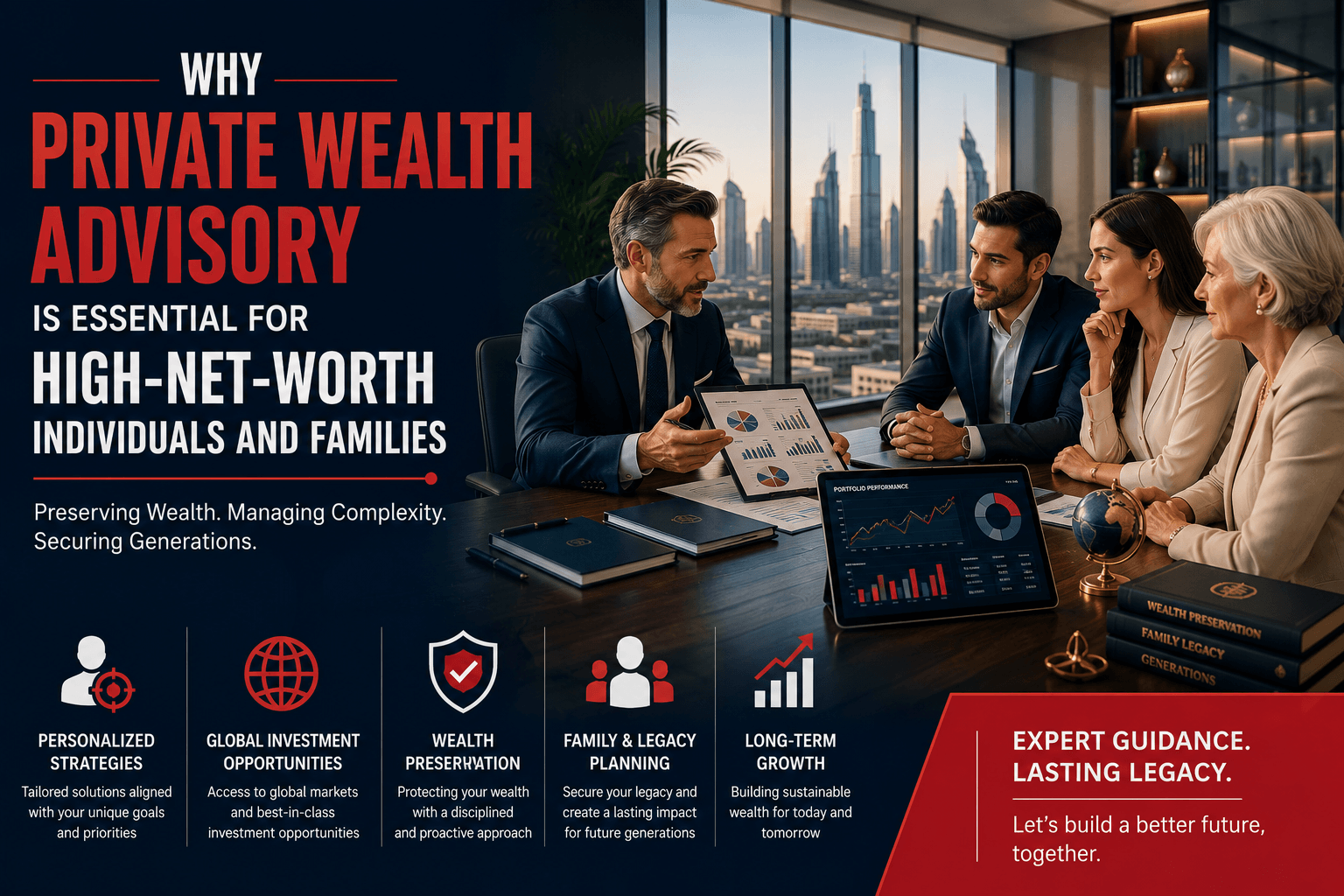 Private Wealth Advisory services for high-net-worth individuals and families, featuring wealth preservation, legacy planning, global investment opportunities, and long-term financial growth strategies.